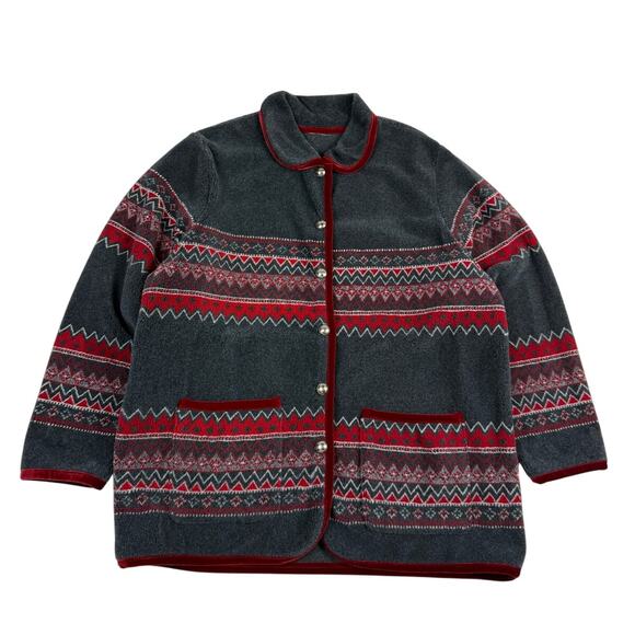 Vintage Nordic Gray Red Warm Cozy Granola Fleece Button Jacket Fits like Large - Picture 1 of 6